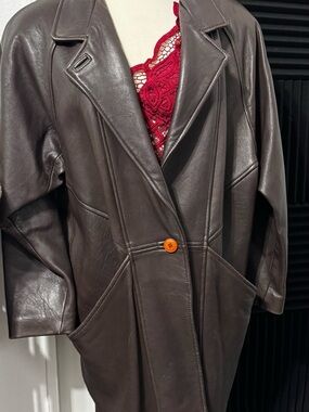 Vintage BB Dakota Dark Brown Leather Single-Button Coat with Orange Accent